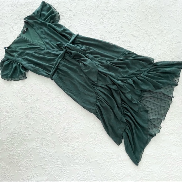 NWOT Lulus Have Harmony Dark Green Swiss Dot Ruffled Faux Wrap Midi Dress Large - Picture 5 of 10
